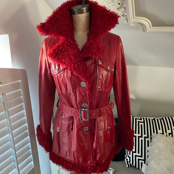 Vintage Berto Lucci Creazione  Fur Trimmed Red Leather Jacket - Picture 2 of 16